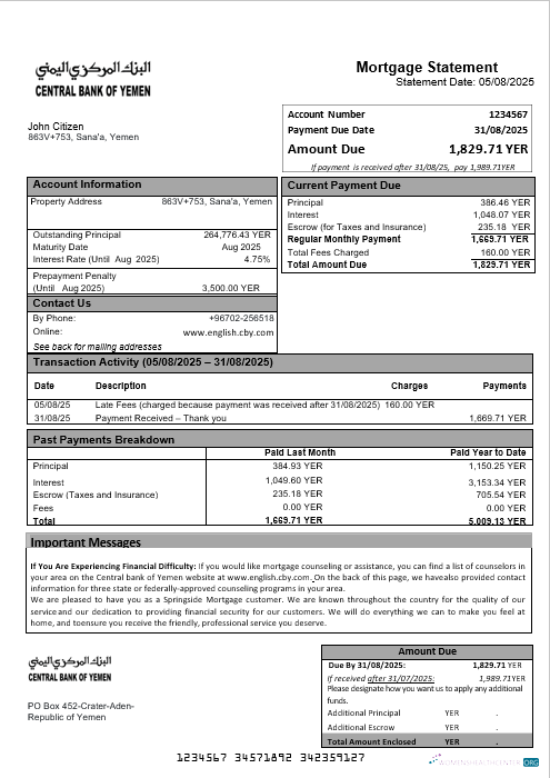 Download Yemeni Central Bank of Yemeni bank mortgage statement in Word and PDF formats Photoshop template